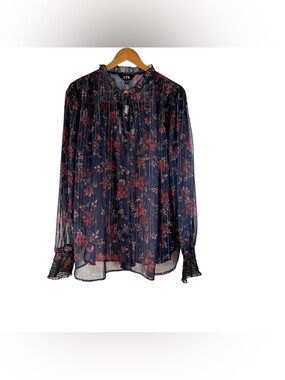New LTS Long Tall Sally Navy Floral Print Frill Neck Blouse Size 18